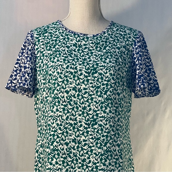 Ann Taylor Dress Green & Blue Floral Short Bell Sleeves Shift Lined EUC 6P - Picture 4 of 9